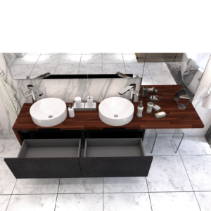 Meble lazienkowe Czarny kamien Blat drewniany Merbau 223 z toaletka szuflady LEWA 1600x1600 1