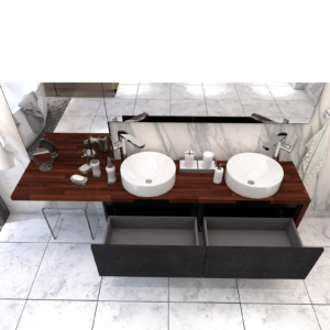 Meble lazienkowe Czarny kamien Blat drewniany Merbau 223 z toaletka szuflady PRAWA 1600x1600 1