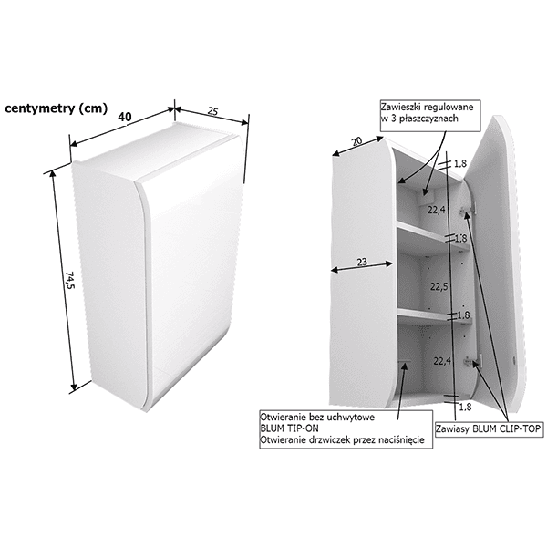 Szafka łazienkowa wisząca z półkami 40/25/74,5 cm 7 Biała szafka z frontem giętym z półkami wymiary F11-40W