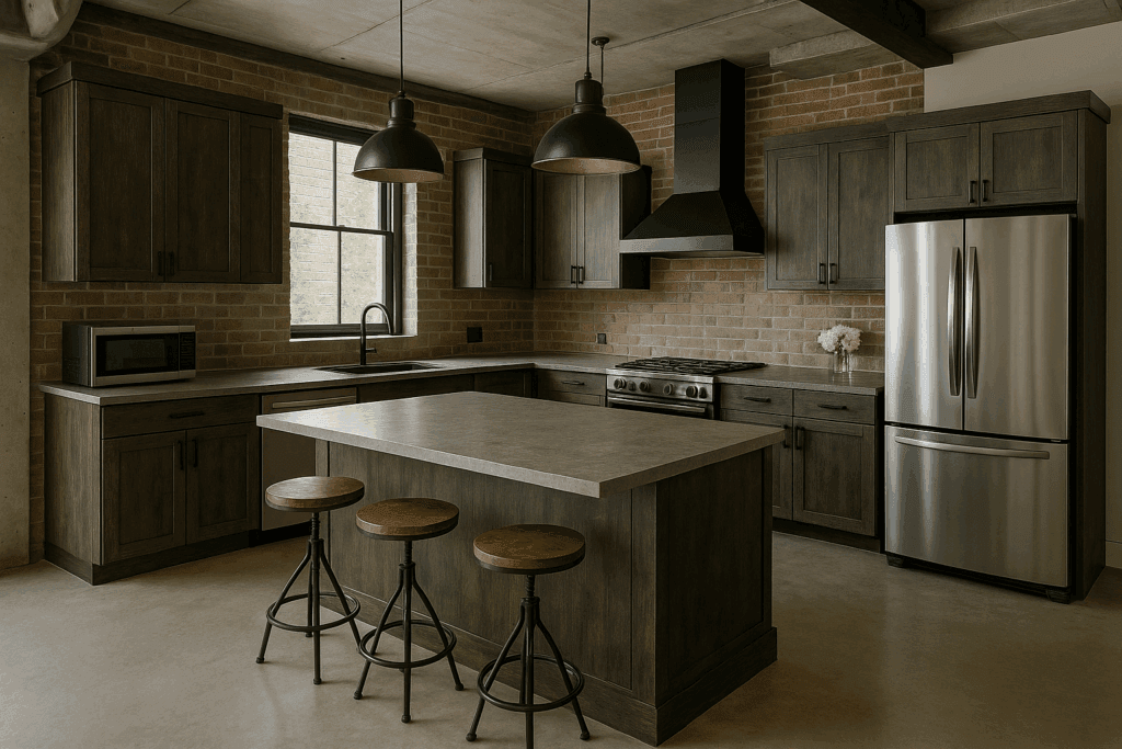 kuchnia industrialna z ciemnym drewnem i betonowym blatem