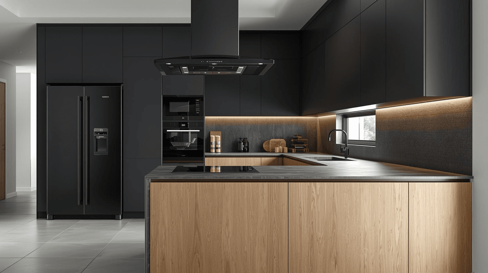 minimalistyczna kuchnia czarna z drewnem i wyspą