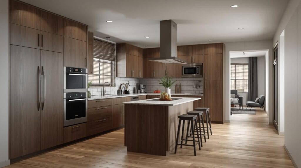 nowoczesna kuchnia drewniana z wyspą i jasnym blatem