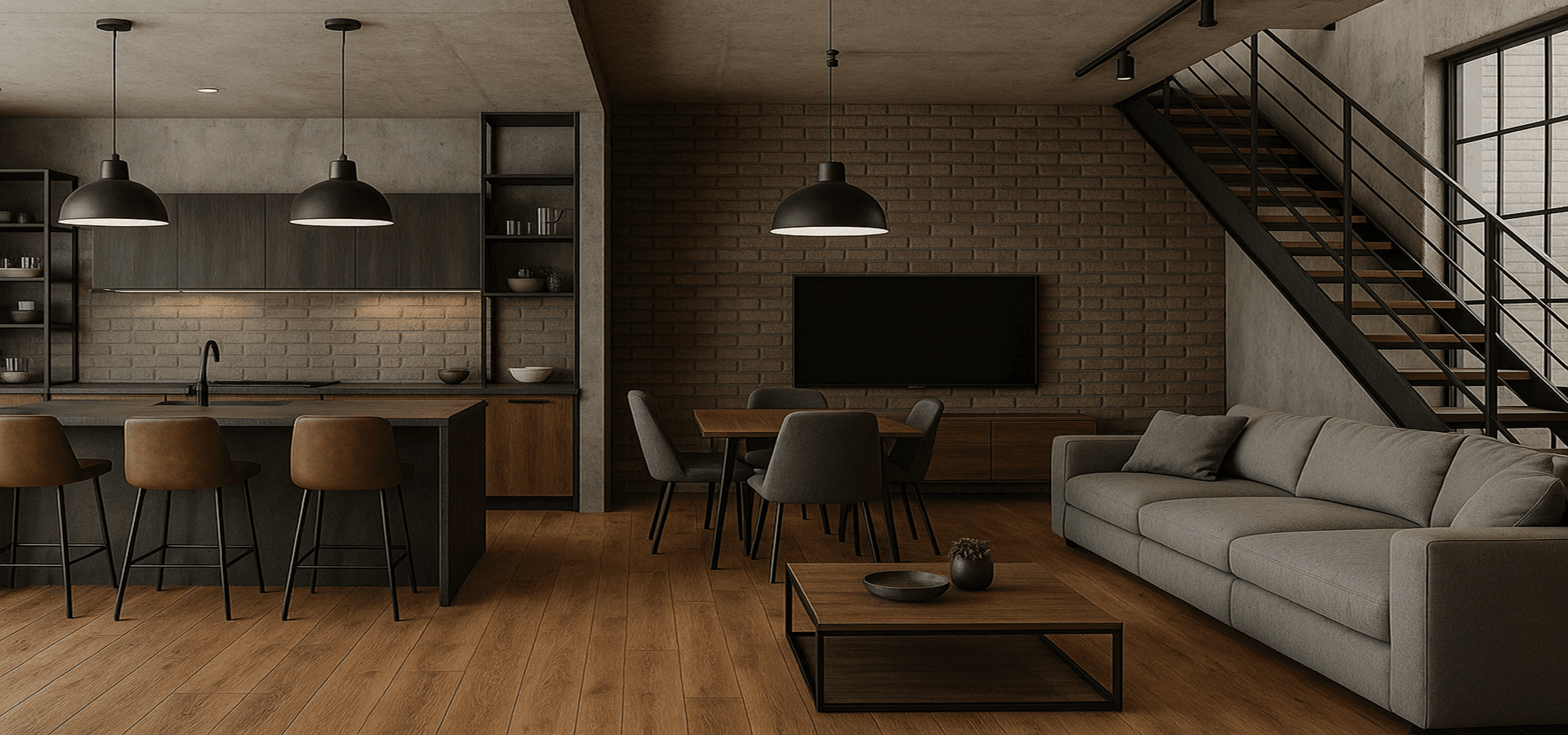 Kuchnia połączona z salonem w stylu loftowym - jadalnią - RTV - TV - schody (1920x900) Meble kuchenne na wymiar - ROVATO - Producent mebli kuchennych